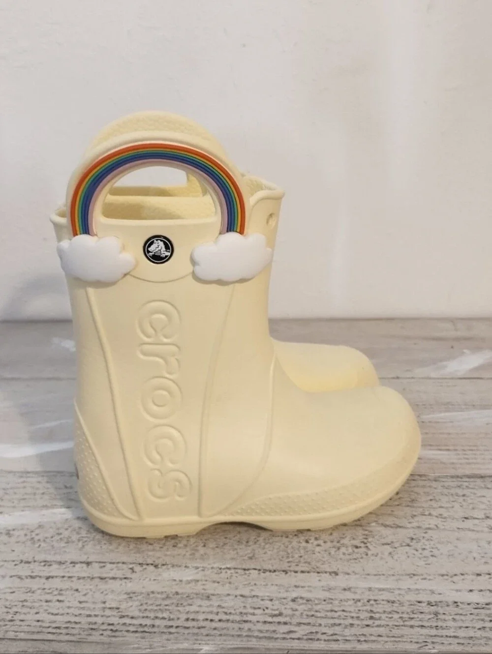 Crocks Rainbow Handle Pull On Rain Boots girls Size C12 Cream Colored In Good